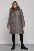 Купить Пальто утепленное с капюшоном зимнее женское темно-серого цвета 52333TC