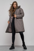 Купить Пальто утепленное с капюшоном зимнее женское темно-серого цвета 52333TC, фото 14