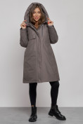Купить Пальто утепленное с капюшоном зимнее женское темно-серого цвета 52333TC, фото 5