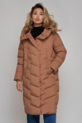 Купить Пальто утепленное молодежное зимнее женское коричневого цвета 52355K, фото 17