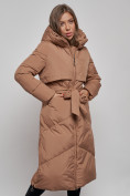 Купить Пальто утепленное молодежное зимнее женское коричневого цвета 52356K, фото 10