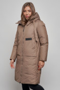 Купить Пальто утепленное молодежное зимнее женское коричневого цвета 52359K, фото 10