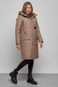 Купить Пальто утепленное молодежное зимнее женское коричневого цвета 52359K, фото 2