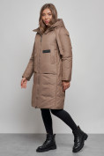 Купить Пальто утепленное молодежное зимнее женское коричневого цвета 52359K, фото 3