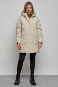 Купить Зимняя женская куртка модная с капюшоном бежевого цвета 52361B