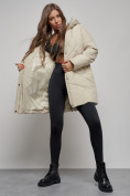 Купить Зимняя женская куртка модная с капюшоном бежевого цвета 52361B, фото 12