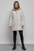 Купить Зимняя женская куртка модная с капюшоном светло-серого цвета 52361SS