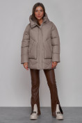Купить Зимняя женская куртка модная с капюшоном светло-коричневого цвета 52362SK