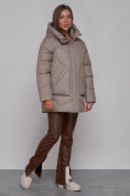 Купить Зимняя женская куртка модная с капюшоном светло-коричневого цвета 52362SK, фото 3