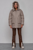 Купить Зимняя женская куртка модная с капюшоном светло-коричневого цвета 52362SK, фото 5