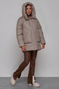 Купить Зимняя женская куртка модная с капюшоном светло-коричневого цвета 52362SK, фото 6