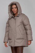 Купить Зимняя женская куртка модная с капюшоном светло-коричневого цвета 52362SK, фото 7