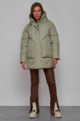Купить Зимняя женская куртка модная с капюшоном светло-зеленого цвета 52362ZS