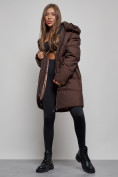 Купить Пальто утепленное молодежное зимнее женское темно-коричневого цвета 52363TK, фото 12