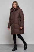 Купить Пальто утепленное молодежное зимнее женское темно-коричневого цвета 52363TK, фото 3