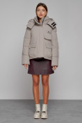 Купить Зимняя женская куртка модная с капюшоном светло-коричневого цвета 52413SK