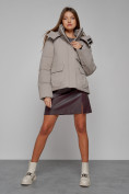 Купить Зимняя женская куртка модная с капюшоном светло-коричневого цвета 52413SK, фото 5