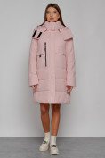 Купить Пальто утепленное с капюшоном зимнее женское розового цвета 52426R
