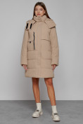 Купить Пальто утепленное с капюшоном зимнее женское светло-коричневого цвета 52426SK