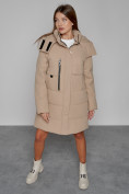 Купить Пальто утепленное с капюшоном зимнее женское светло-коричневого цвета 52426SK, фото 11