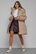 Купить Пальто утепленное с капюшоном зимнее женское светло-коричневого цвета 52426SK, фото 12