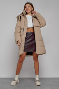 Купить Пальто утепленное с капюшоном зимнее женское светло-коричневого цвета 52426SK, фото 13