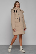 Купить Пальто утепленное с капюшоном зимнее женское светло-коричневого цвета 52426SK, фото 3