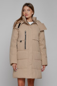 Купить Пальто утепленное с капюшоном зимнее женское светло-коричневого цвета 52426SK, фото 9