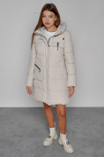Купить Пальто утепленное с капюшоном зимнее женское бежевого цвета 52429B, фото 10