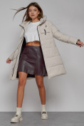 Купить Пальто утепленное с капюшоном зимнее женское бежевого цвета 52429B, фото 11