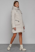 Купить Пальто утепленное с капюшоном зимнее женское бежевого цвета 52429B, фото 3
