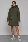 Купить Пальто утепленное с капюшоном зимнее женское цвета хаки 52429Kh
