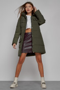 Купить Пальто утепленное с капюшоном зимнее женское цвета хаки 52429Kh, фото 11