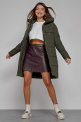 Купить Пальто утепленное с капюшоном зимнее женское цвета хаки 52429Kh, фото 12