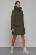 Купить Пальто утепленное с капюшоном зимнее женское цвета хаки 52429Kh, фото 3