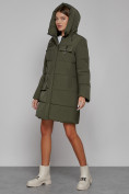 Купить Пальто утепленное с капюшоном зимнее женское цвета хаки 52429Kh, фото 7