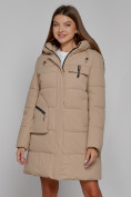 Купить Пальто утепленное с капюшоном зимнее женское светло-коричневого цвета 52429SK, фото 10
