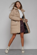 Купить Пальто утепленное с капюшоном зимнее женское светло-коричневого цвета 52429SK, фото 11