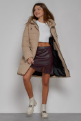 Купить Пальто утепленное с капюшоном зимнее женское светло-коричневого цвета 52429SK, фото 12