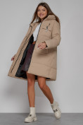 Купить Пальто утепленное с капюшоном зимнее женское светло-коричневого цвета 52429SK, фото 13