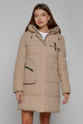 Купить Пальто утепленное с капюшоном зимнее женское светло-коричневого цвета 52429SK, фото 5