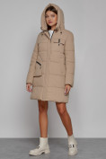 Купить Пальто утепленное с капюшоном зимнее женское светло-коричневого цвета 52429SK, фото 6