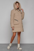 Купить Пальто утепленное с капюшоном зимнее женское светло-коричневого цвета 52429SK, фото 7