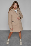 Купить Пальто утепленное с капюшоном зимнее женское светло-коричневого цвета 52429SK, фото 8