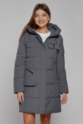 Купить Пальто утепленное с капюшоном зимнее женское темно-серого цвета 52429TC, фото 13
