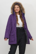 Купить Парка женская с капюшоном и мехом зимняя темно-фиолетового цвета 551961TF, фото 14