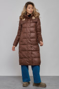 Купить Пальто утепленное молодежное зимнее женское темно-коричневого цвета 57997TK, фото 3