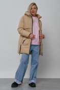 Купить Зимняя женская куртка молодежная с капюшоном горчичного цвета 58622G, фото 11