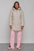 Купить Зимняя женская куртка молодежная с капюшоном бежевого цвета 586821B