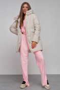 Купить Зимняя женская куртка молодежная с капюшоном бежевого цвета 586821B, фото 17